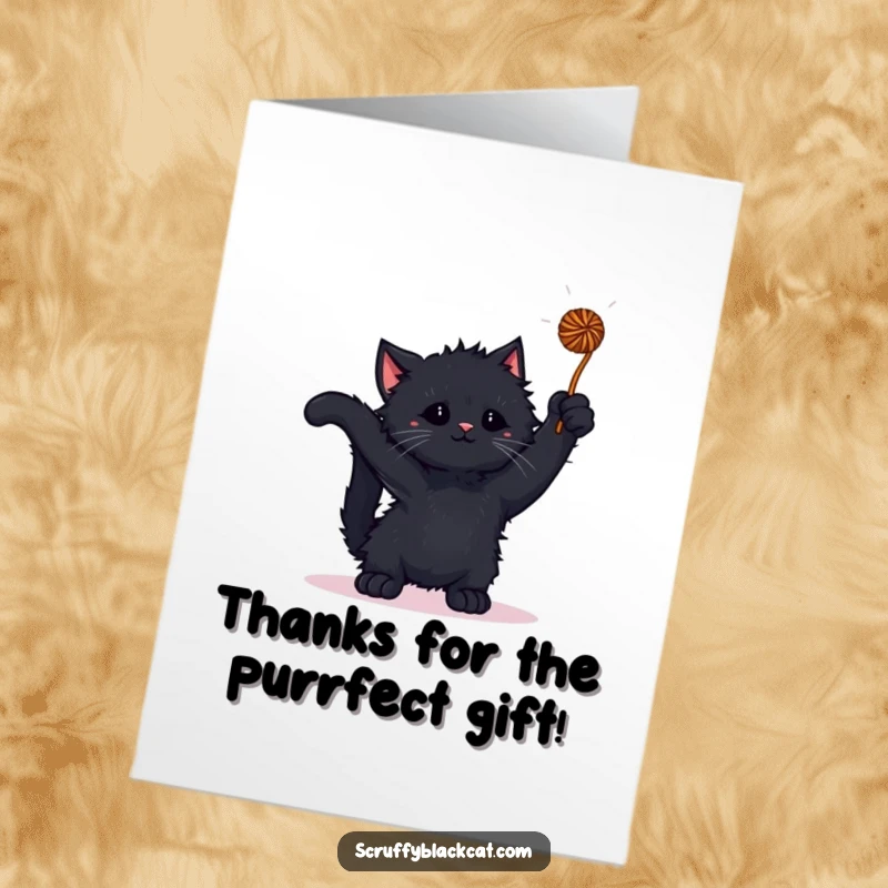Funny Free Printable Thank You Card: Scruffy Black Kitten Playfully Batting at a Dangling Yarn Ball