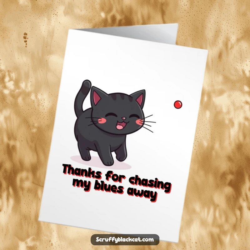 Funny Free Printable Thank You Card: A happy black cat is mid-pounce, chasing a small red laser dot.