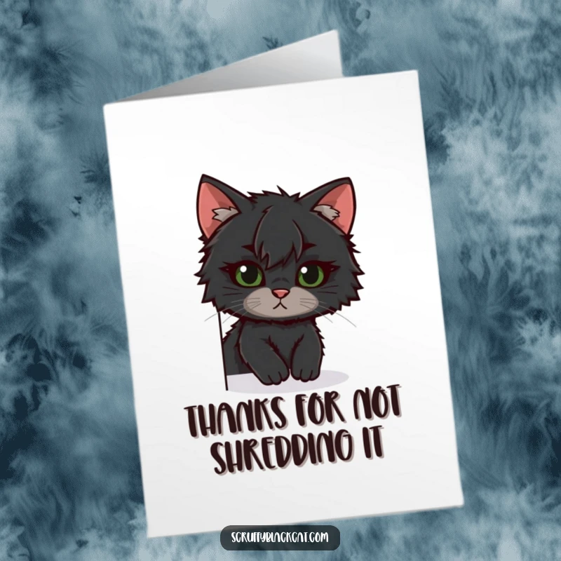 Funny Free Printable Thank You Card: A scruffy black cat with a bent ear peeking around to express heartfelt thanks.