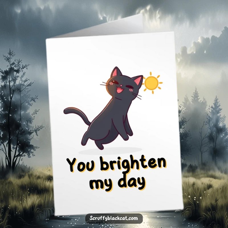 Funny Free Printable Thank You Card: Black cat joyfully pursuing a dancing sunbeam, a delightful way to say thanks.