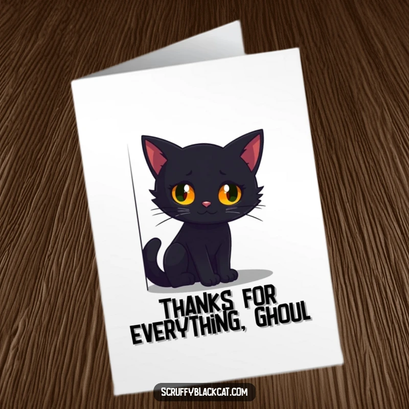 Funny Free Printable Thank You Card: Black cat with piercing glowing eyes emerges from a shadowy corner, a unique thank you.