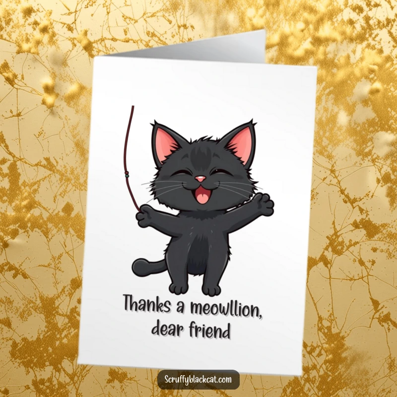 Funny Free Printable Thank You Card of a scruffy black cat totally engrossed in batting a string.