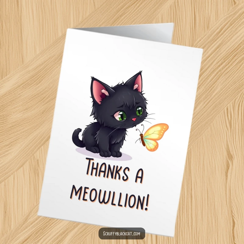 Funny Free Printable Thank You Card: Scruffy black cat focused intently on a fleeing butterfly, a unique thanks.