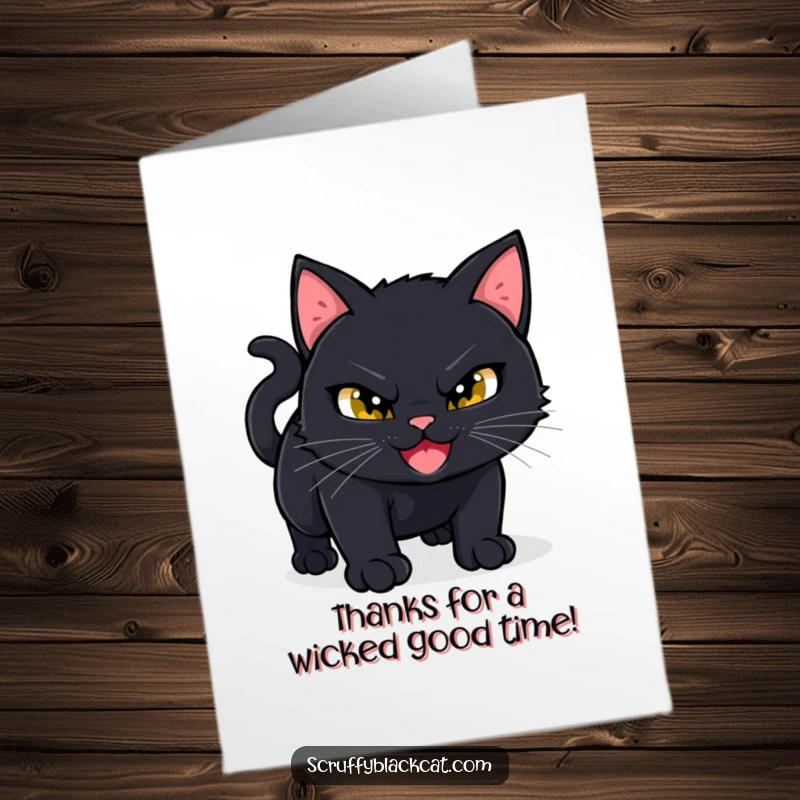 Funny Free Printable Thank You Card: Black cat wearing a mischievous grin, poised to pounce with sly anticipation.