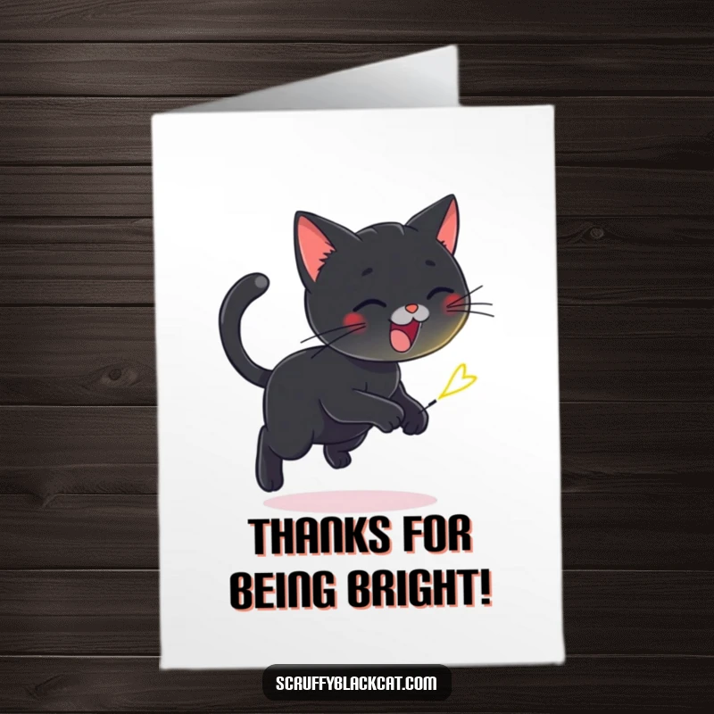 Funny Free Printable Thank You Card: A black cat gleefully chases a tiny firefly, a humorous and endearing way to say thanks.