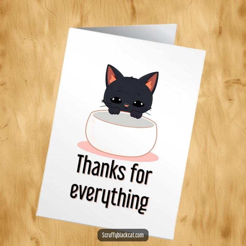 Funny Free Printable Thank You Card: Black cat giving an intense stare to an empty cat bowl, vocalizing its hunger.