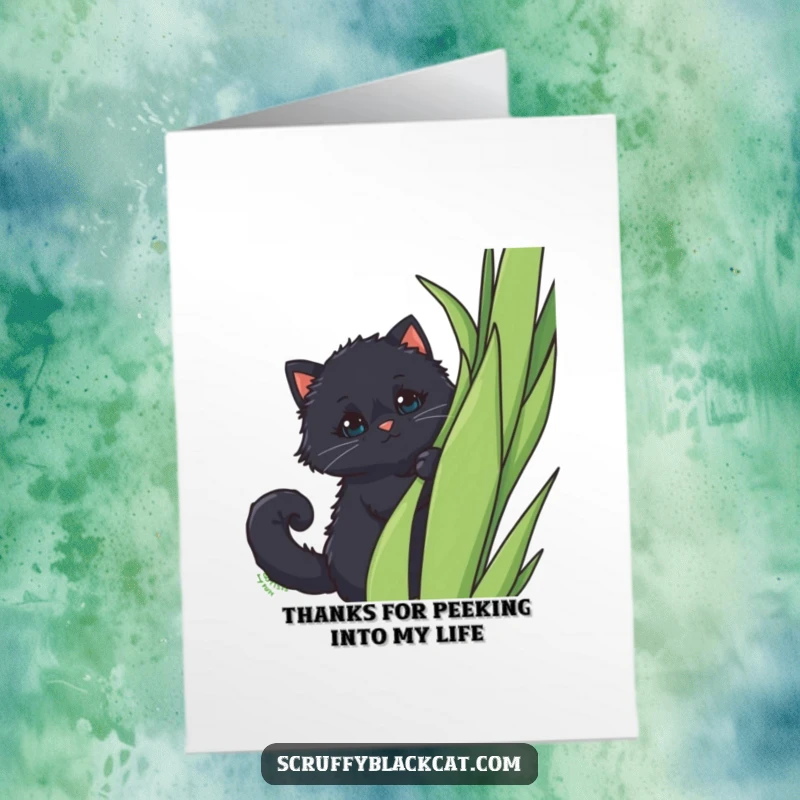 Funny Free Printable Thank You Card: Fluffy black cat peeking from behind a tall plant, tail curled, with a curious expression.
