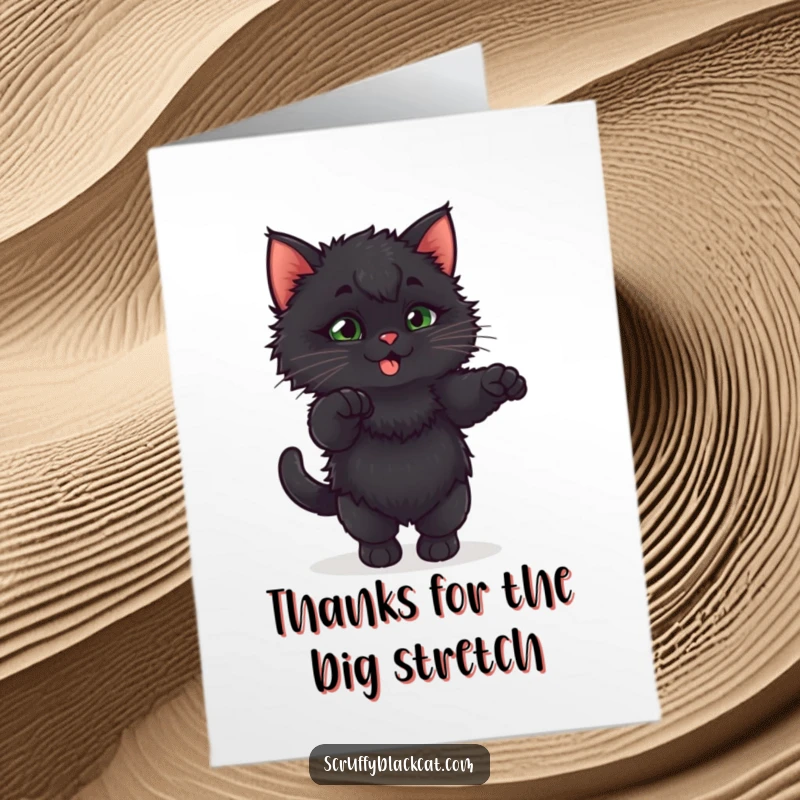 Funny Free Printable Thank You Card: A black kitten in an absurdly flexible, playful stretch. Sweet downloadable thank you.