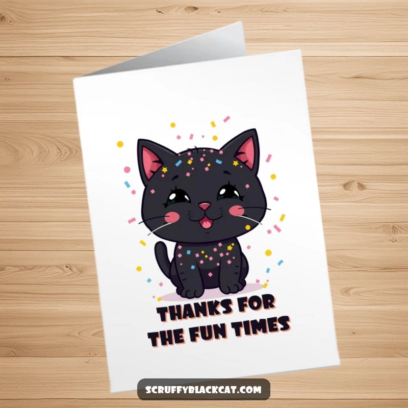Funny Free Printable Thank You Card: A happy black cat, dusted with confetti, sending thanks your way.