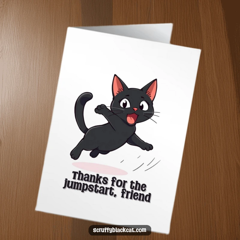 Funny Free Printable Thank You Card of a startled black cat comically leaping from a sudden rustle.