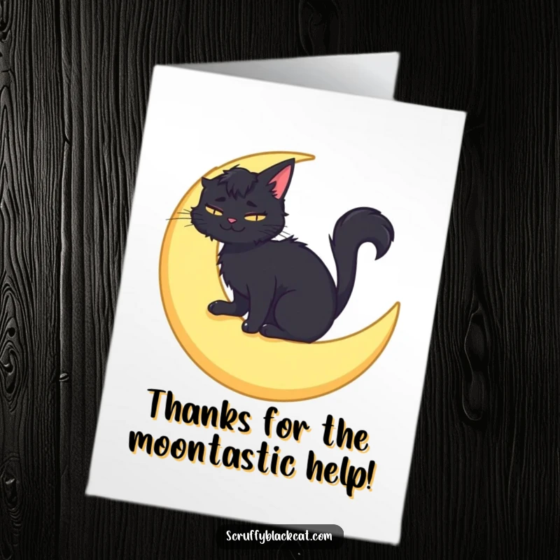 Funny Free Printable Thank You Card: A scruffy black cat smiles serenely while perched on a crescent moon, sending thanks.
