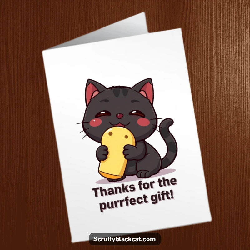 Free Printable Thank You Card: A triumphant black cat proudly displays its squeaky toy, expressing thanks.