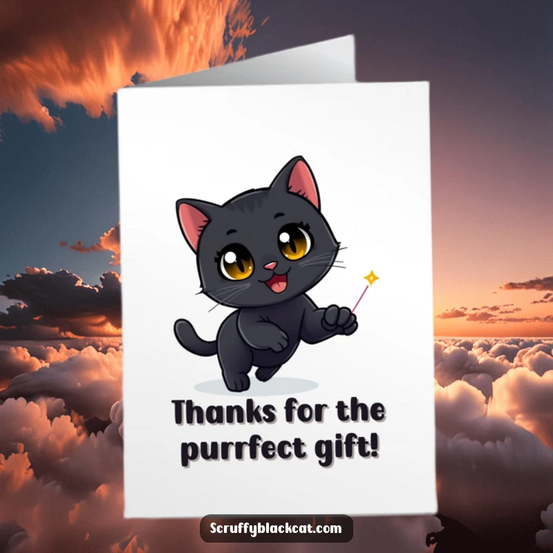 Funny Free Printable Thank You Card: Black cat's eyes wide with delight, chasing a tantalizing laser dot, ultimate focus.