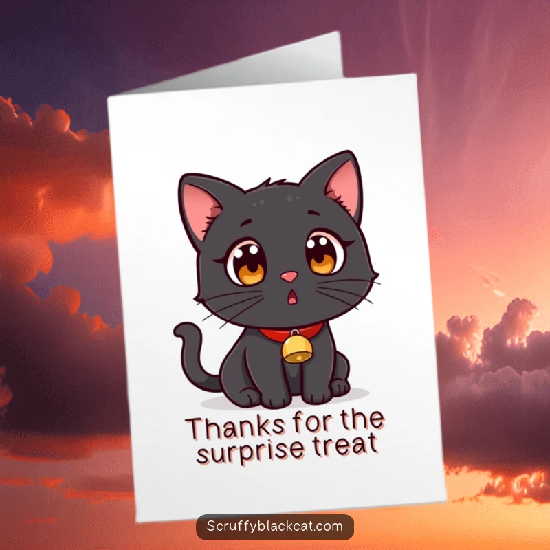 Funny Free Printable Thank You Card: A sweetly surprised black cat wearing a small bell collar. Charming downloadable thank you.