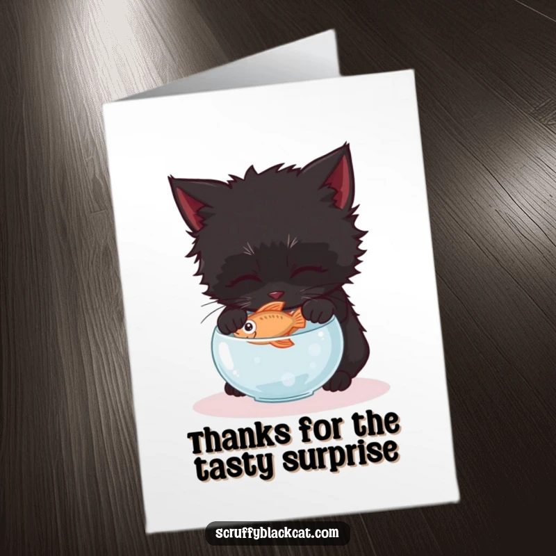 Funny Free Printable thank you card: A scruffy black kitten stealthily reaches a paw towards a tiny fish in a small bowl.