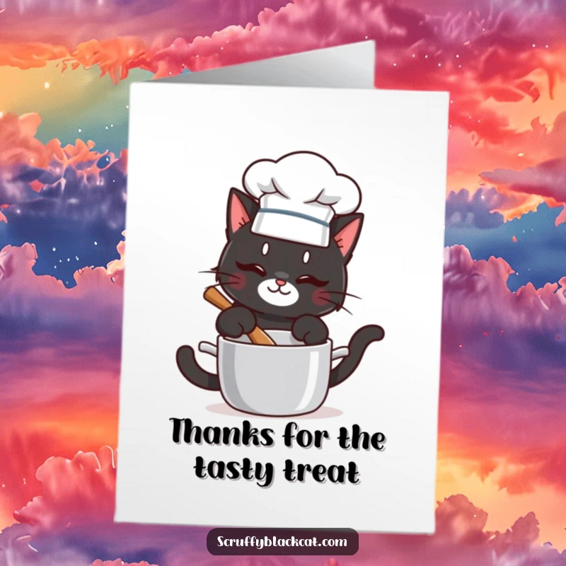 Funny Free Printable Thank You Card: Black cat in a chef hat stirring a pot, giving thanks with a culinary twist.