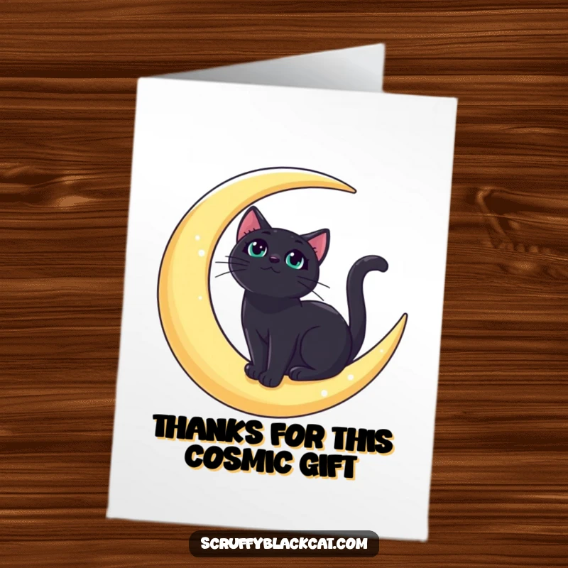 Free Printable Thank You Card: A bold black cat sits regally on a crescent moon, sending thanks.