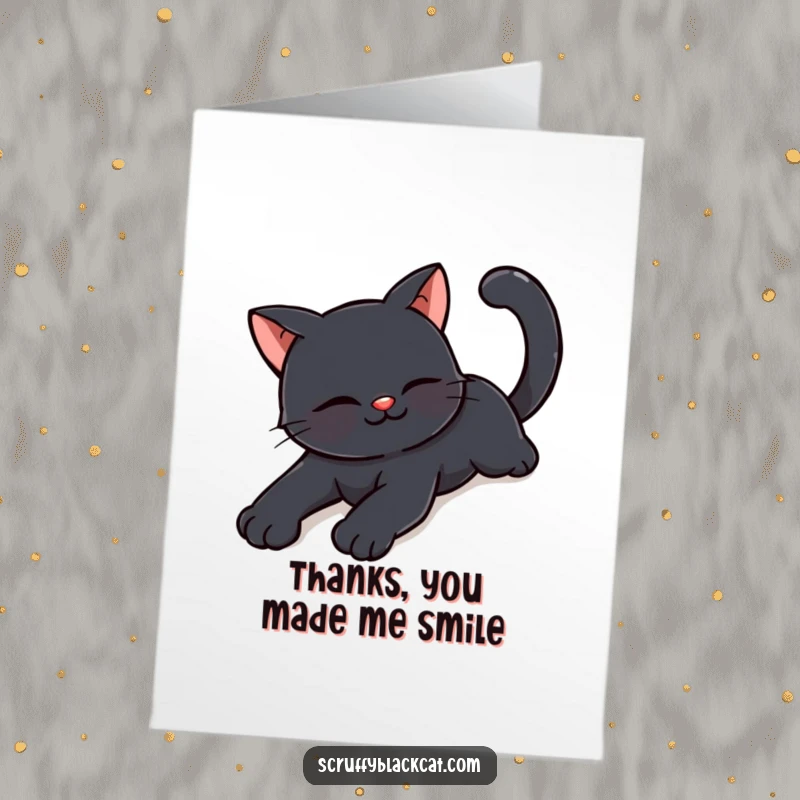 Free Printable Thank You Card: A happy black cat stretches with a contented smile, expressing thanks with joy.