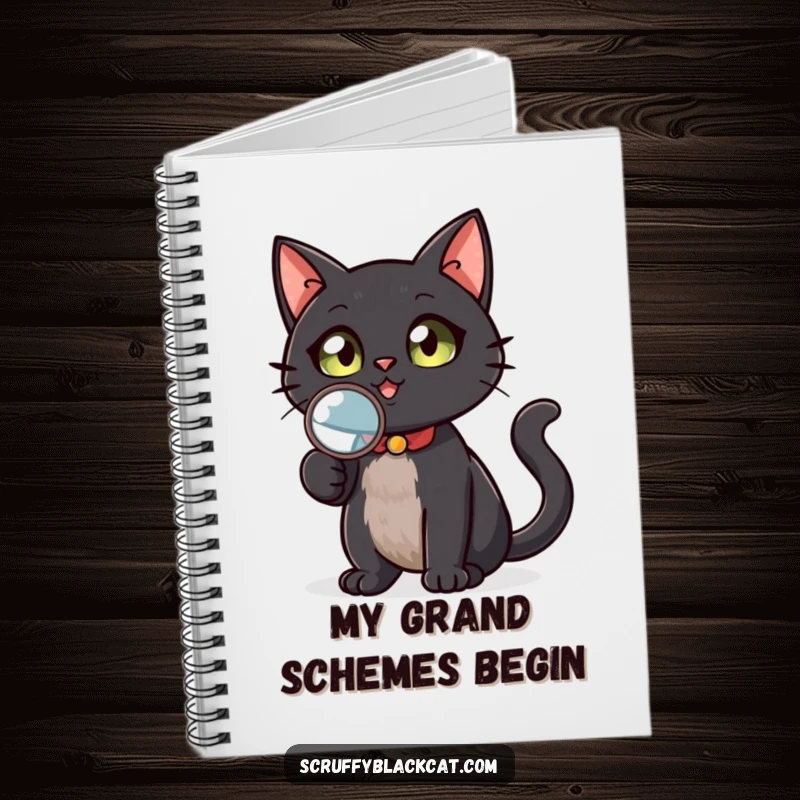 Funny black cat detective notebook, holding a magnifying glass, looking up with a curious gaze, perfect for jotting down ideas and secrets, a humorous gift.