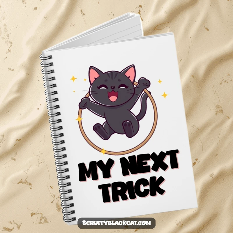 Funny Black Cat Notebook: Lined journal featuring a mischievous cat leaping through a sparkly hoop with a triumphant meow illustration.