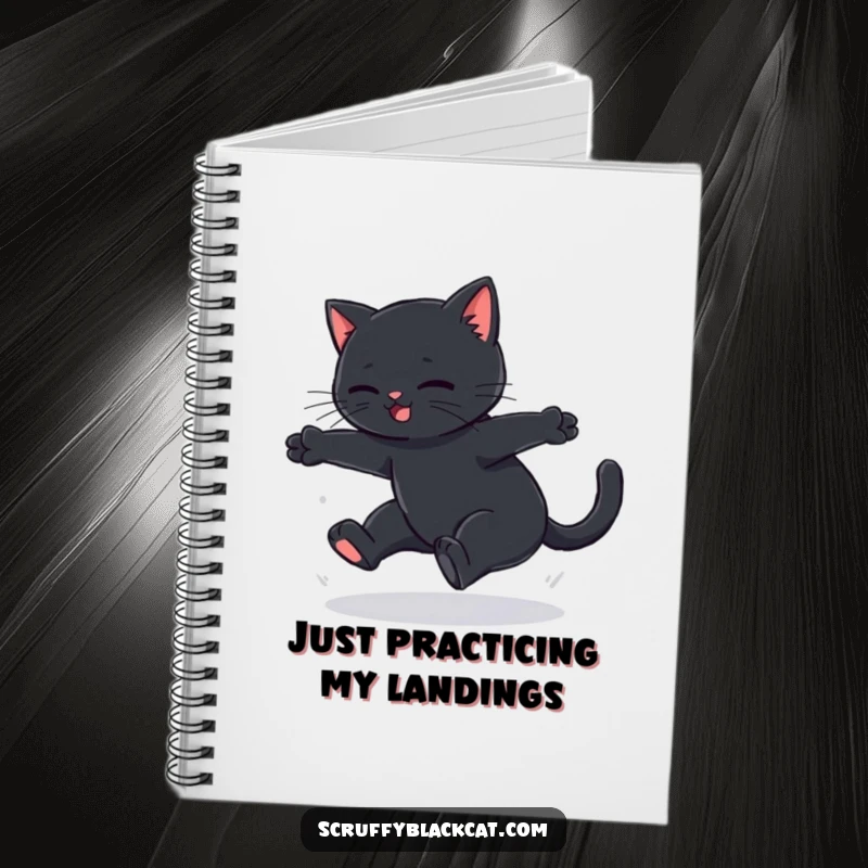 Funny black cat notebook showing a failed leap's soft thud, perfect for jotting down notes with humor.