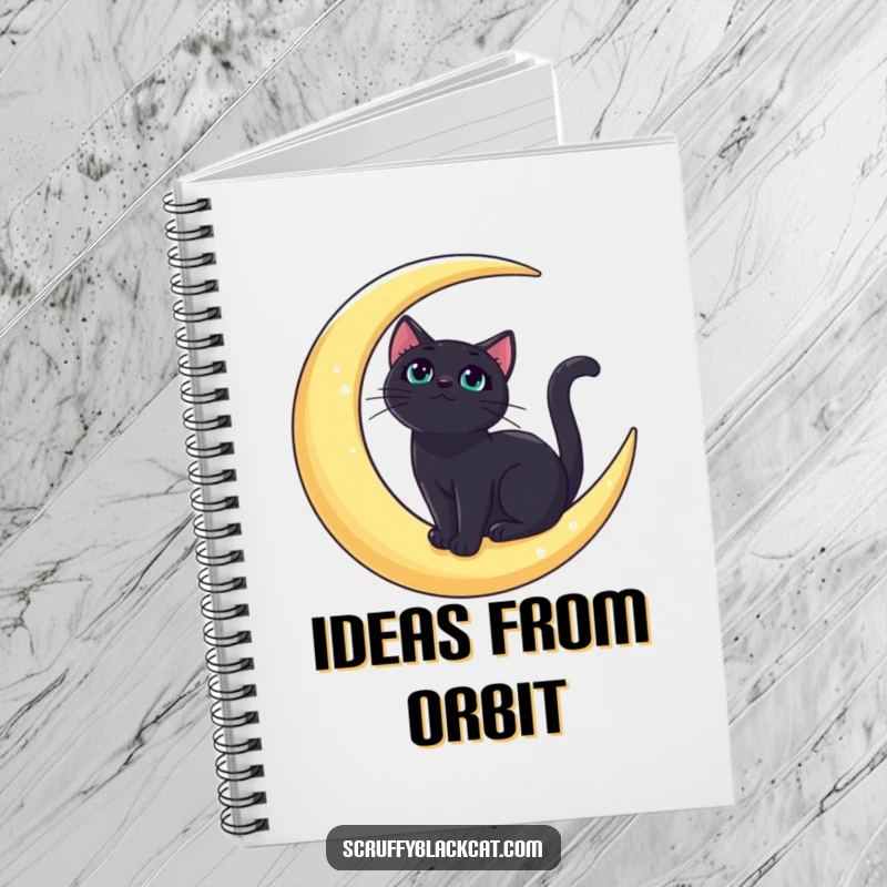 Funny bold black cat notebook with a regal cat on a crescent moon, looking upwards, perfect for writing and doodling.