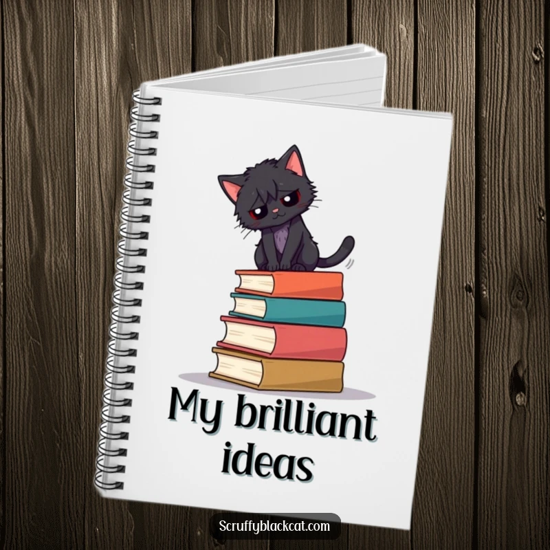 Funny notebook cover featuring a scruffy black cat balancing on a stack of books.