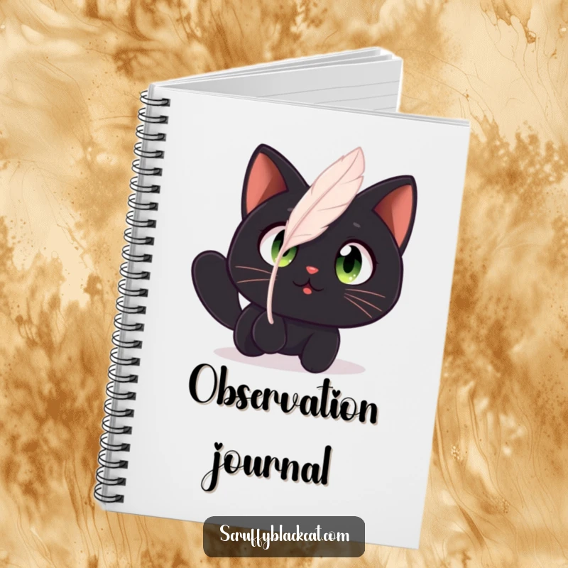 Funny cat notebook with a black cat's wide, amazed eyes fixed on a floating feather, inspiring creativity.