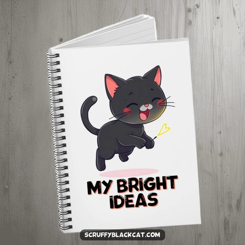 Funny notebook featuring a playful black cat chasing a tiny, flickering firefly, perfect for notes and whimsical ideas.