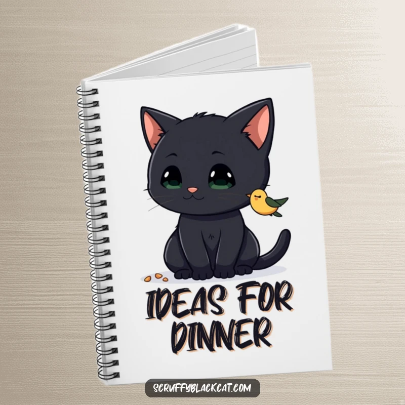 Funny Cat Notebook featuring a curious black cat eyeing birdseed, perfect for notes and focused ideas, a fun funny gift.