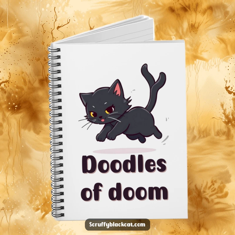 Funny Cat Notebook featuring a black cat chasing its tail with dizzying speed, perfect for notes and creative ideas, a fun funny gift.