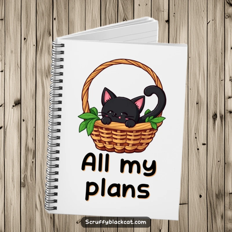 Funny notebook cover with a black cat's face and wagging tail peeking out from a basket, inviting curiosity and note-taking.
