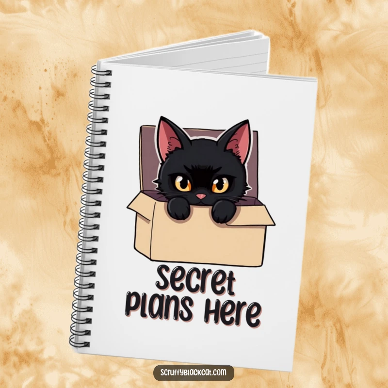 Funny Cat Notebook featuring a mischievous black cat peeking from a box, eyes gleaming, perfect for journaling with mystery.