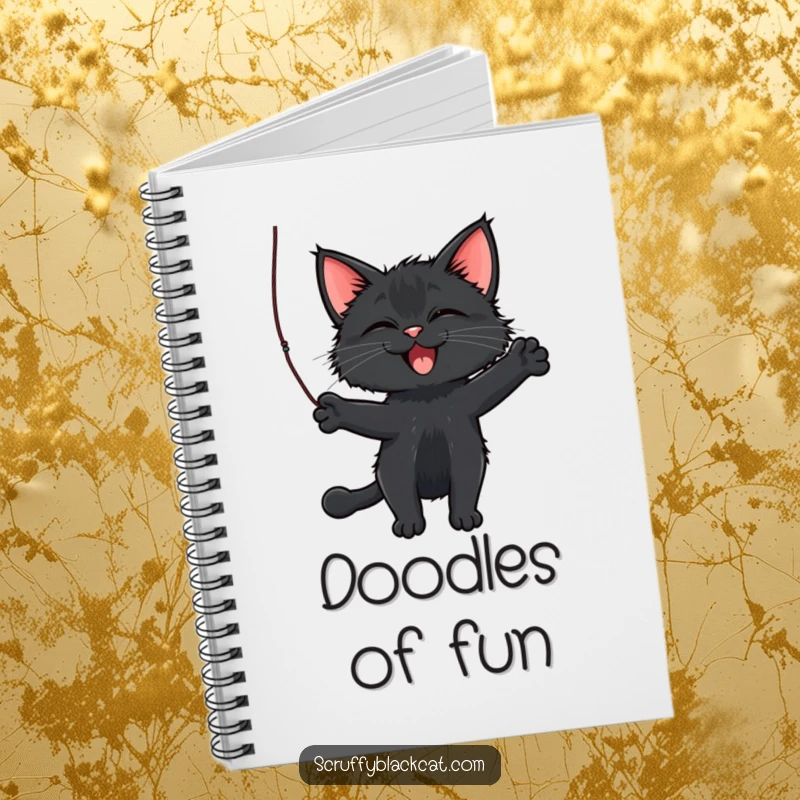 Funny Cat Notebook featuring a scruffy black cat batting a dangling string, perfect for jotting notes with playful energy.
