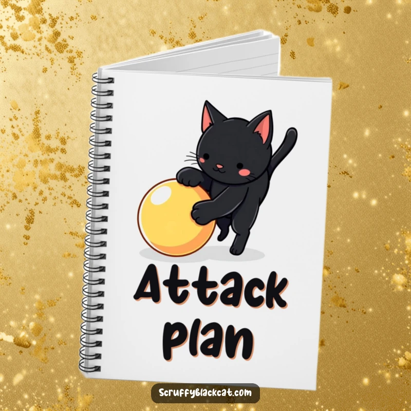 Funny cat notebook with a black cat in a playful pounce over a bright, bouncy ball, inspiring action.
