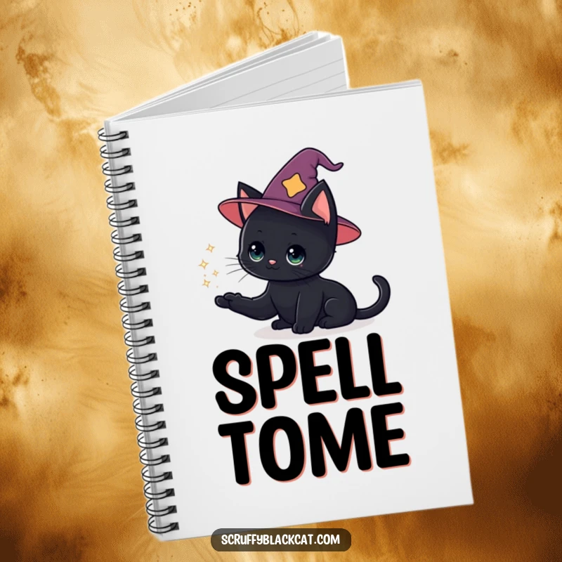 Funny cat notebook with a black cat in a wizard hat conjuring a sparkly magic puff, inspiring creativity.