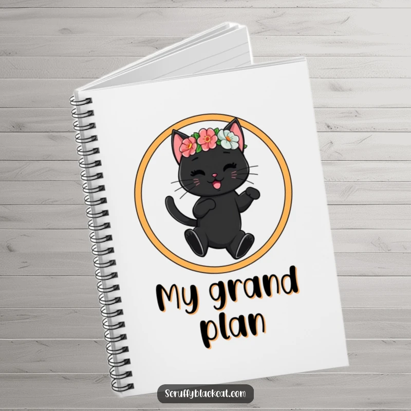 Funny black cat wearing a flower crown gracefully jumps through a hoop, featured on the cover of a notebook for creative inspiration.