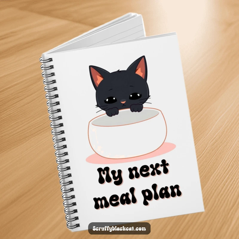 Funny black cat notebook showing a cat meowing at an empty bowl, perfect for jotting down notes with humor.