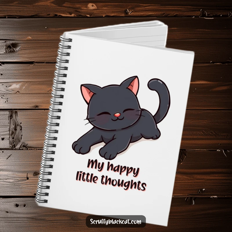 Funny happy black cat notebook depicting a cat stretching with a content smile, perfect for writing and doodling.