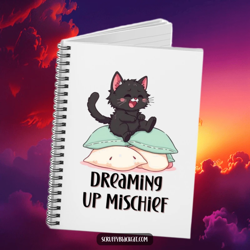 Funny scruffy black kitten notebook cover, showing it joyfully leaping onto a pile of soft pillows.
