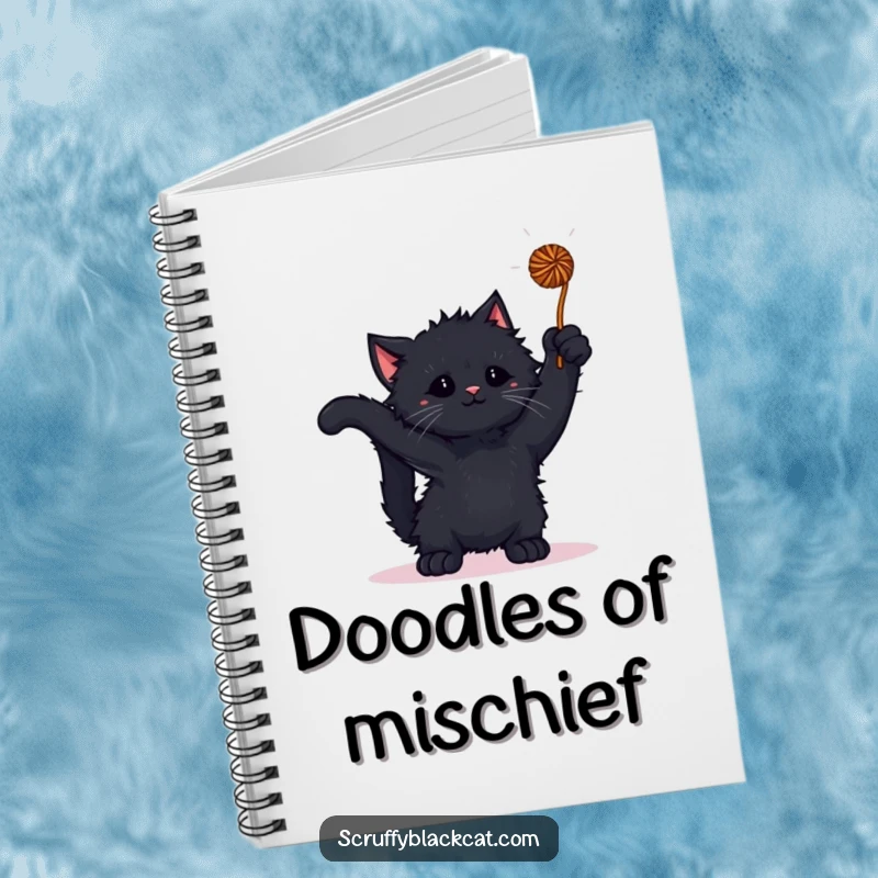 Funny kitten notebook featuring a scruffy black kitten batting at a loose yarn ball, encouraging creative writing.