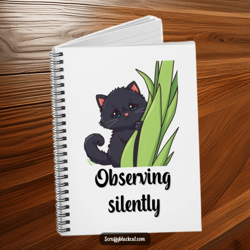 Funny Notebook: A fluffy black cat with a curled tail peeking out from behind a tall plant, perfect for journaling.