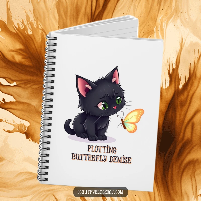 Funny notebook cover with a scruffy black cat focused on catching a delicate, shimmering butterfly, ready for note-taking.