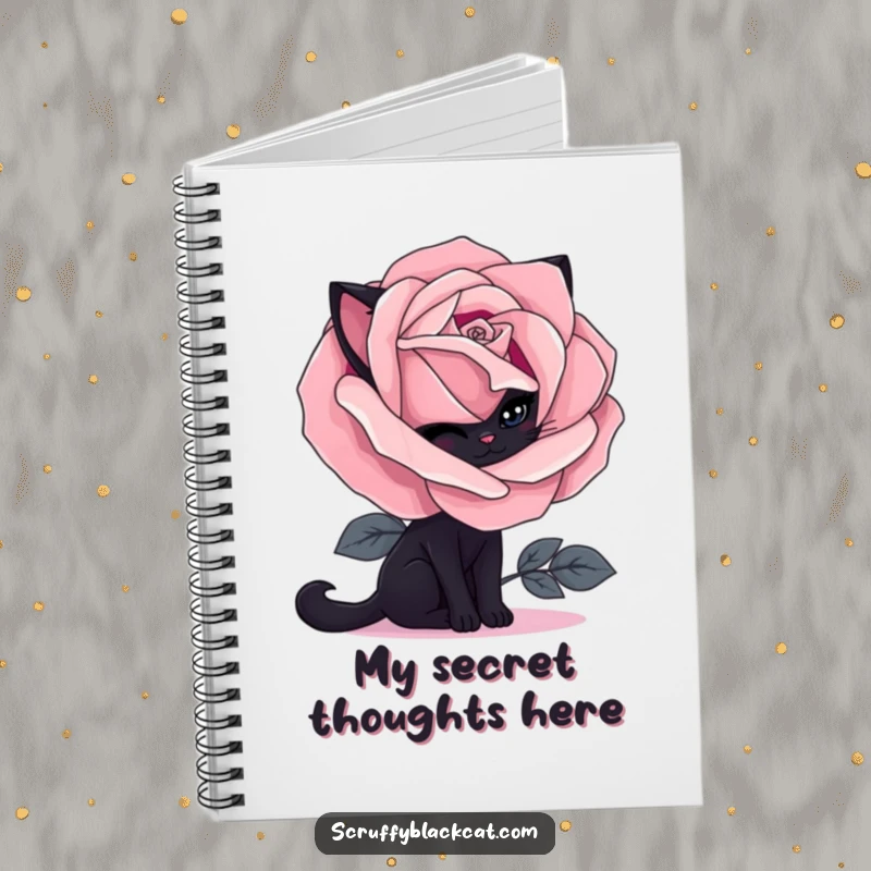 Funny black cat notebook with a shy cat peeking from behind a gothic rose, ideal for writing and doodling.