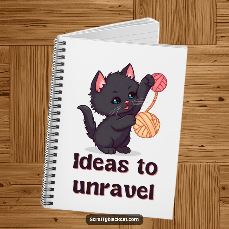 Funny kitten notebook featuring a scruffy black kitten batting at a dangling yarn ball, ideal for humorous note-taking.