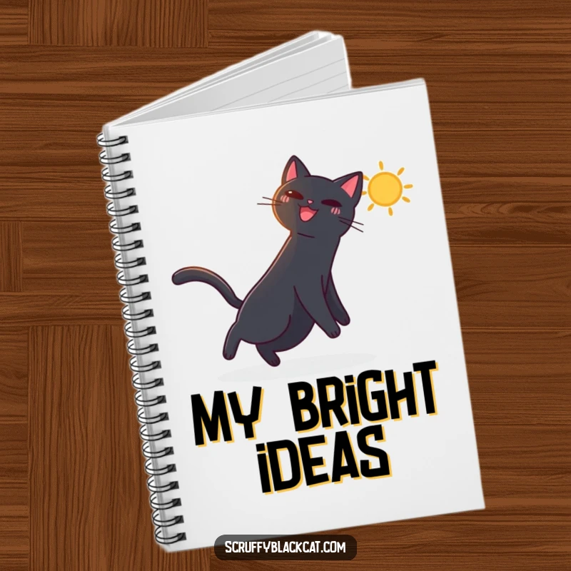 Funny notebook cover with a black cat joyfully playing with a bright, dancing sunbeam, perfect for jotting down thoughts.