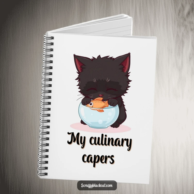 Funny scruffy black kitten notebook cover, showing it gently trying to steal a fish from a tiny bowl.