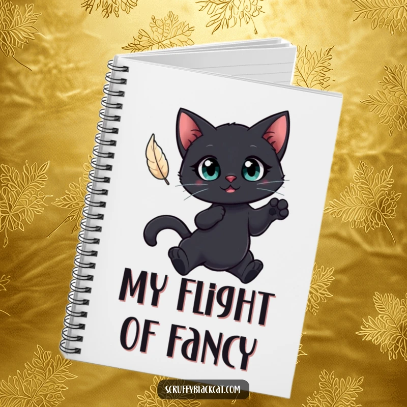 Funny notebook with a big-eyed black cat leaping for a floating feather, ideal for journaling focused thoughts and ideas.