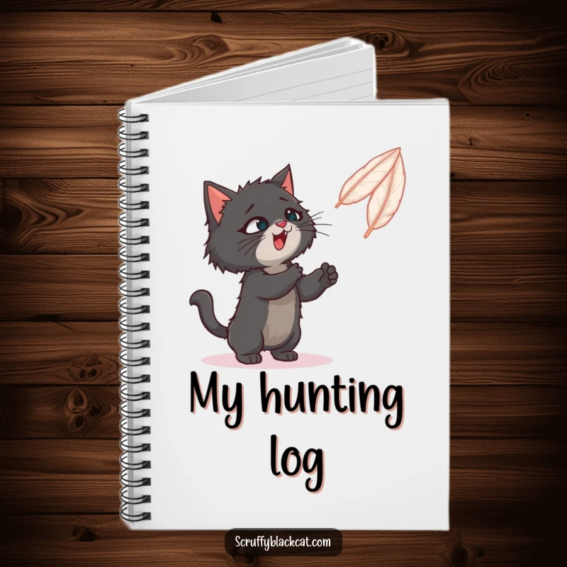 Funny notebook cover featuring a scruffy black cat playfully batting at a bouncing feather toy.