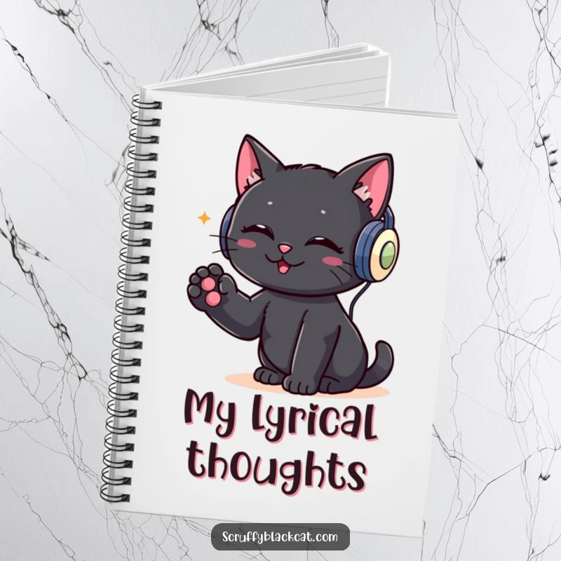 Funny notebook cover with a black cat wearing headphones and tapping its paw, embodying musical passion and creativity.